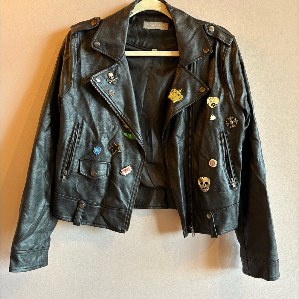 Bagatelle Black Leather Jacket with Decorative Patches